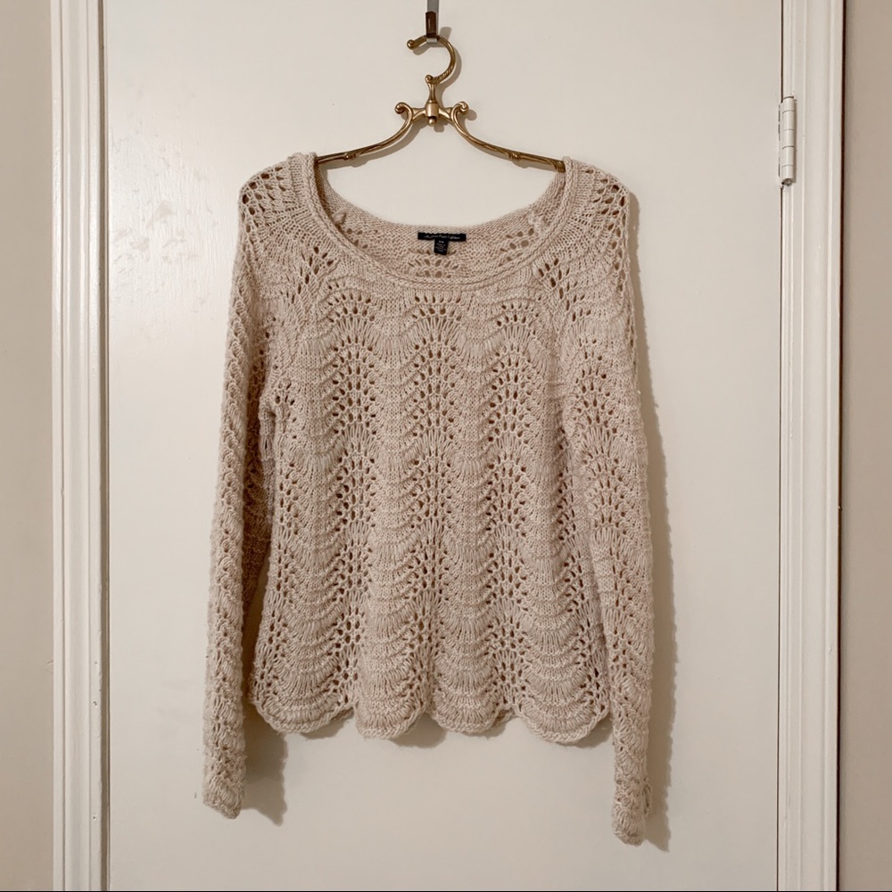American Eagle Outfitters Cream Crochet Scoop Neck Sweater Top